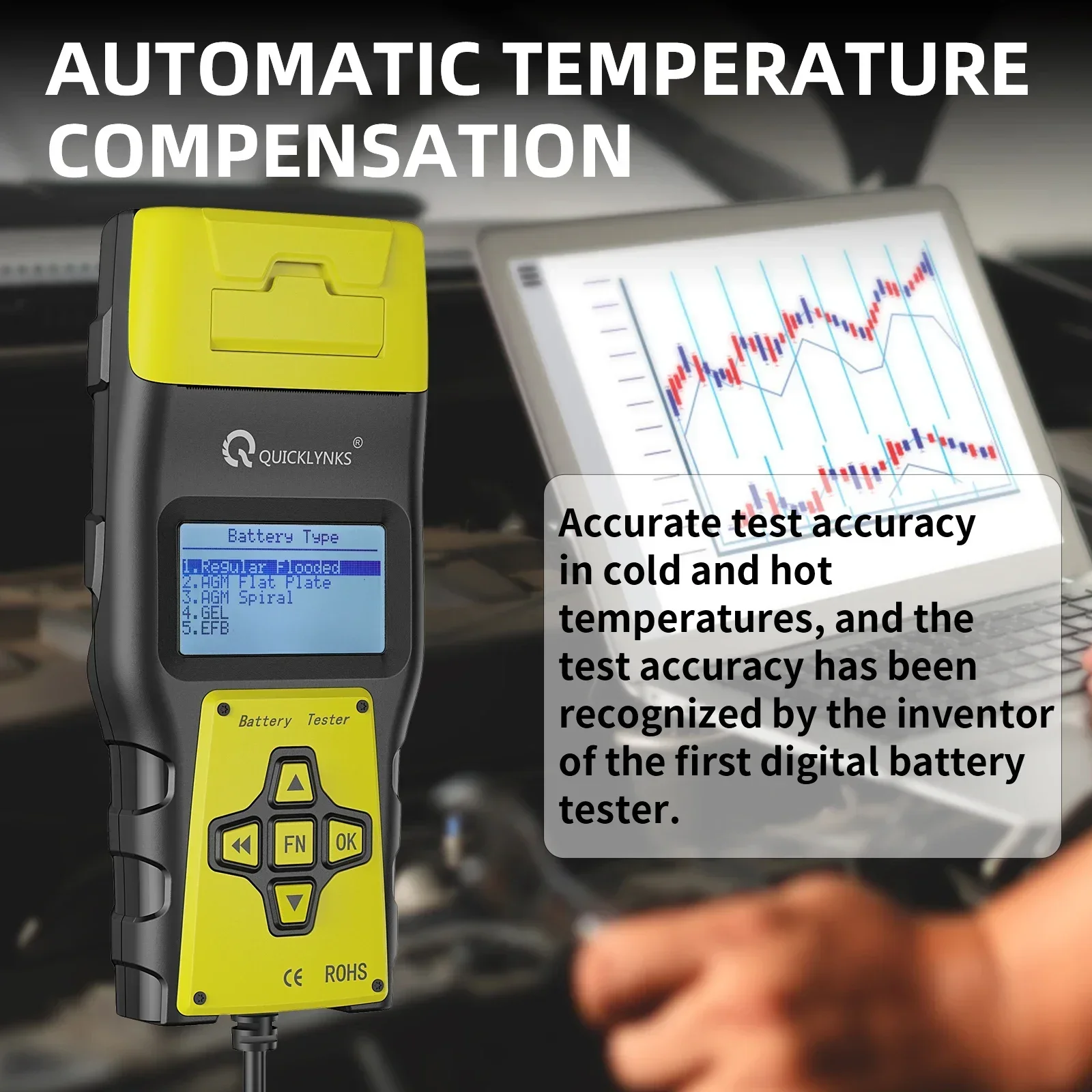 2025년 핫세일 퀵링크스 BA1000 리튬이온 배터리 테스터 (차량용 12V, 프린터 포함) 자동차 배터리 테스터 (프린트 기능 포함) 6V 12V
