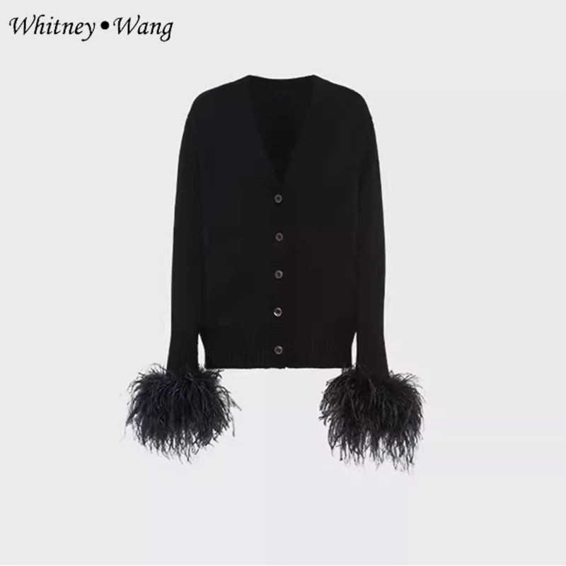 WHITNEY WANG Designer Style 2024 Spring Autumn Fashion Streetwear Real Ostrich Feathers Cuff Cardigan Women Sweater