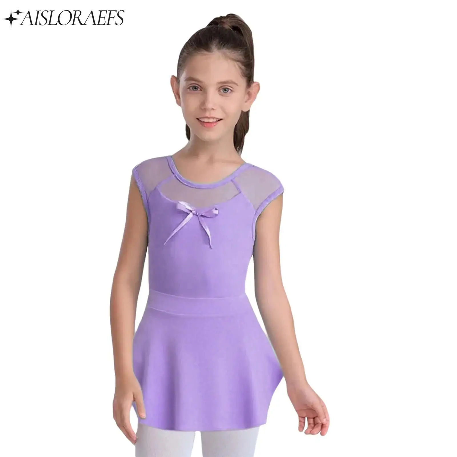 

Child Girls Figure Skating Dance Outfit Two Piece Dancewear Set Sleeveless Sheer Mesh Bow Ballet Gymnastics Leotard with Skirts