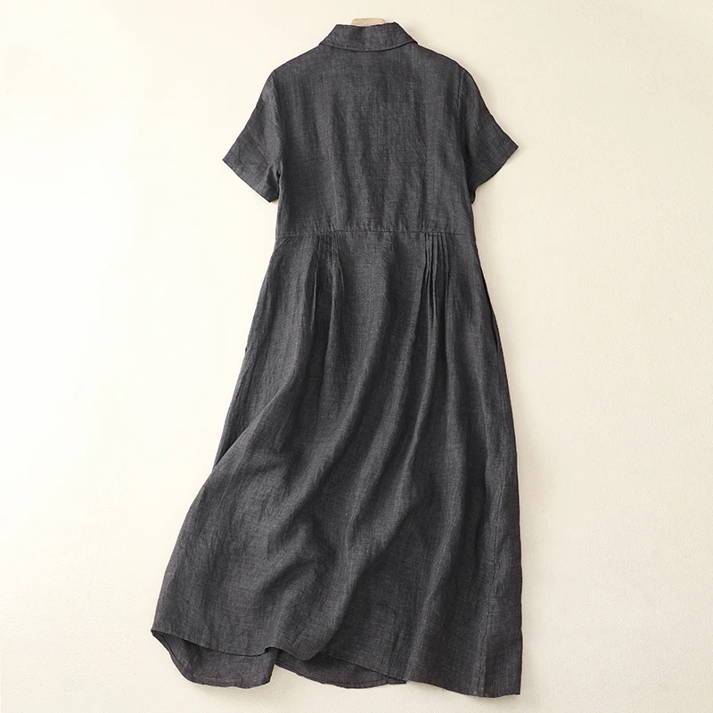 Summer New Cotton Linen Dress Women's Korean Design Sensation Shirt Dress High Waist A-Line Skirt Short Sleeve Pure Color