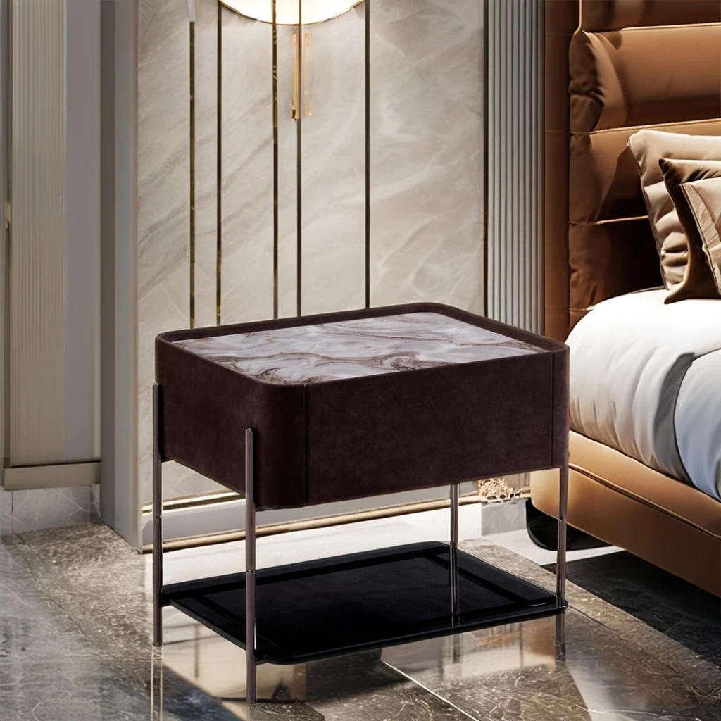 طاولة بجانب السرير مصنوعة من الجلد لغرفة النوم على الطراز الشمالي ودرج واحد وطاولة بجانب السرير حديثة #4