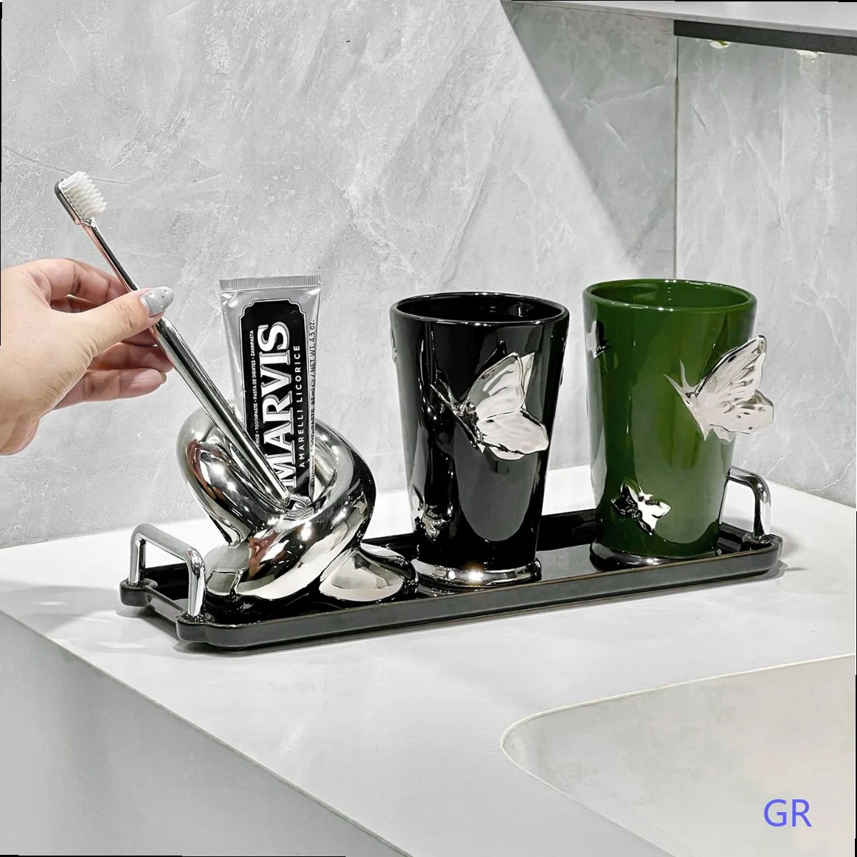 Light Luxury Butterfly Ceramic Toothbrush Cup Set with Twisted Silver Holder for Bathroom