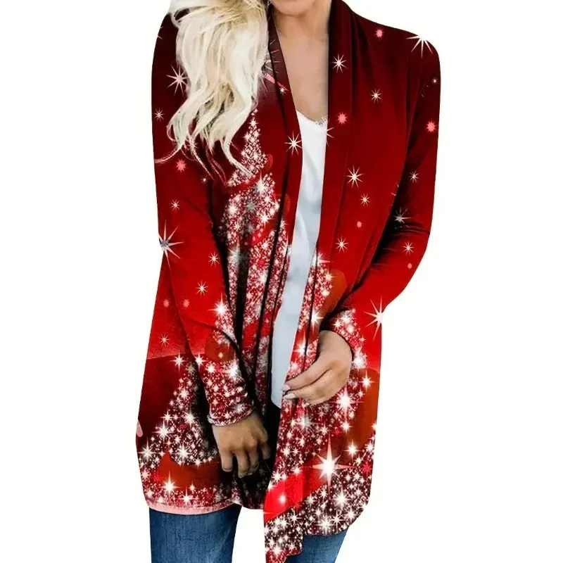 

Плюс размер 1XL-5XL, новый женский рождественский повседневный кардиган с длинными рукавами и принтом, женская мода в сочетании с кардиганом в виде рождественской елки