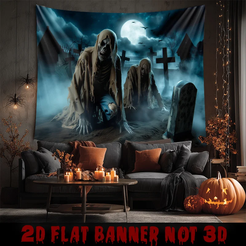 Zombie Graveyard Moon Tapestry - Horror Scene with Skulls, Bats, and Tombstones for Halloween Decoration