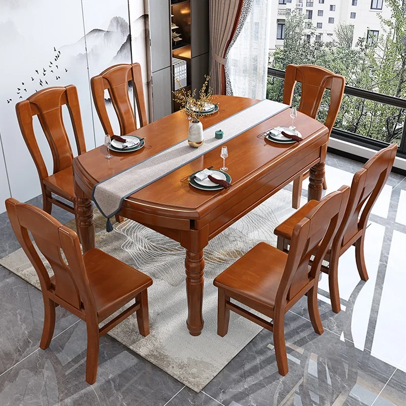 Full solid wood dining table chairs Chinese platform table multi-functional retractable rectangular home dining