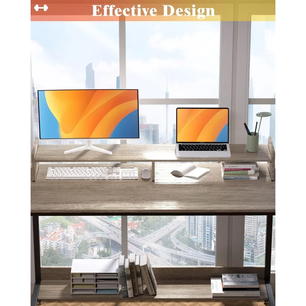 Computer Desk for Home-Office with Storage-Shelves - Modern Simple Style Metal Frame Laptop Notebook PC Study Writing Student M