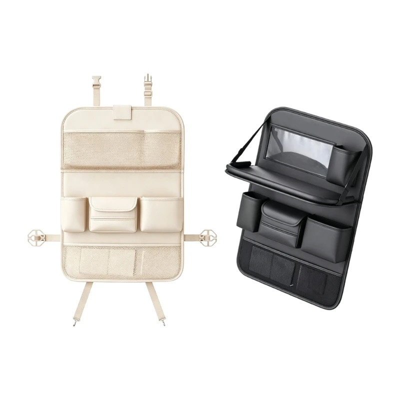 

Car Backseat Storage Panel with Drop Down Desk, Leather Cover Bag for Daily Drives and Rear Cabin Small Items