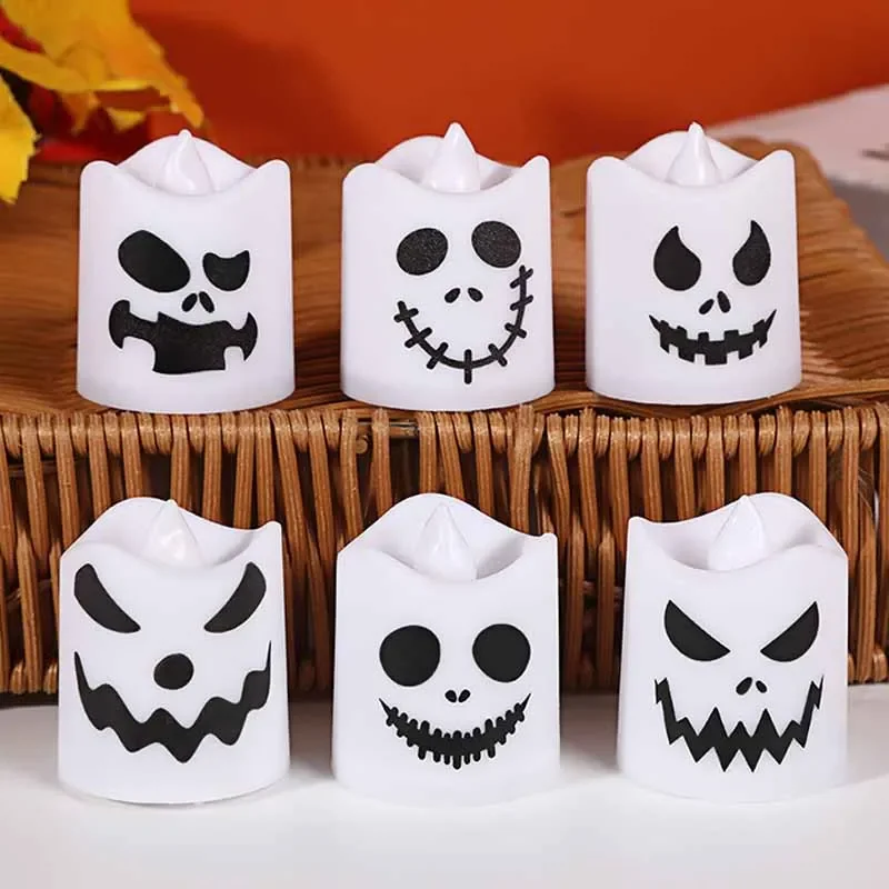 6pcs Halloween LED Candles Battery Operated Flameless Flickering Tea Lights Color Changing Votive Ghost Face Decor,Party Home