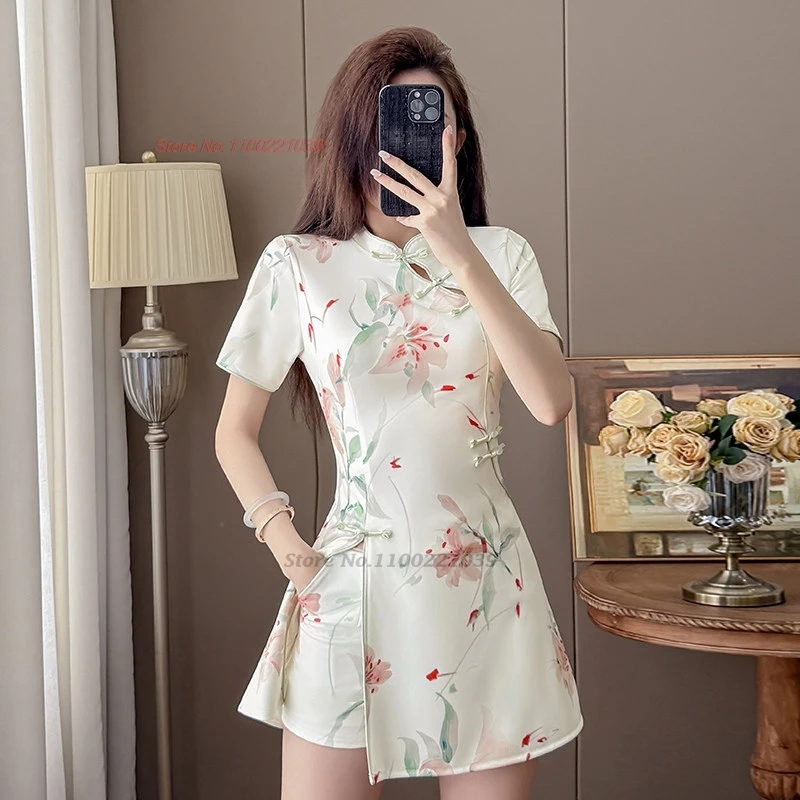 

2026 chinese improved cheongsam banquet nightclub dress traditional flower print qipao dress+shorts set hotel spa work dress