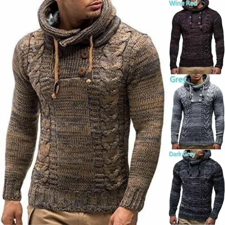 2025 suéter con capucha de punto a la moda para hombre, jersey ajustado de manga larga con cuello alto liso, Tops, ropa de calle informal para otoño e invierno para hombre