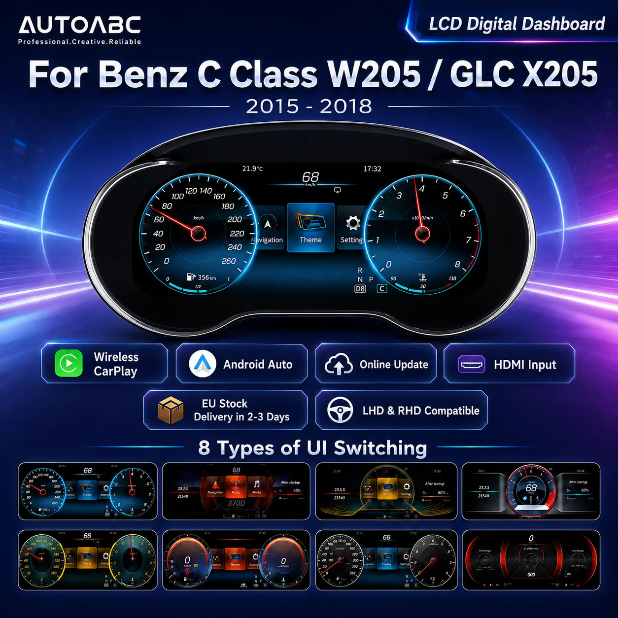 Tableau de bord numérique LCD de 12,3 pouces, cockpit virtuel, compteur de vitesse pour Mercedes-Benz GLC/Classe C W253, X253, W205, NTG 5.0 (2015-2019) avec CarPlay sans fil, Android Auto, HDMI et fonction AirPlay