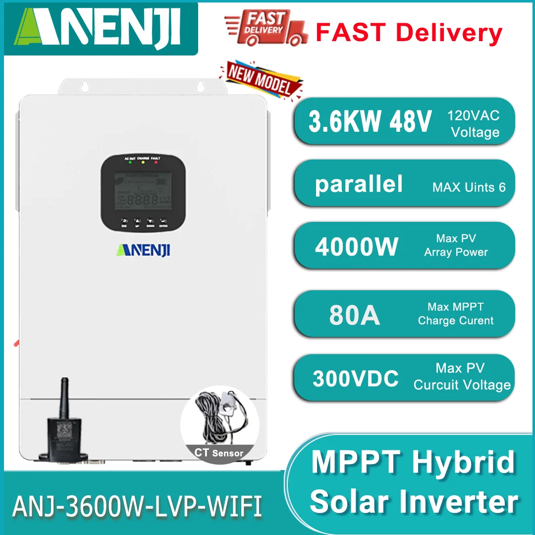 3.6KW 110V 48V On-grid/Off-grid Hybrid Inverter MPPT 80A DC to 110V 120V AC PV MAX 300VDC Support Lifepo4 Group Split Item Three