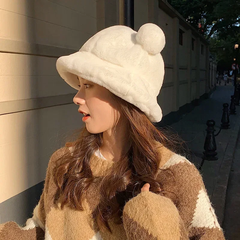 Cute Autumn Winter Leopard Fur Bucket Hat Bear Ear Ball Plush Fisherman Hat Soft Warm Thick Basin Hat Sun Protection Bucket Hats