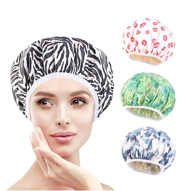 

EVA printed waterproof shower cap satin lined hair care cap PE care mask makeup cap sleeping cap