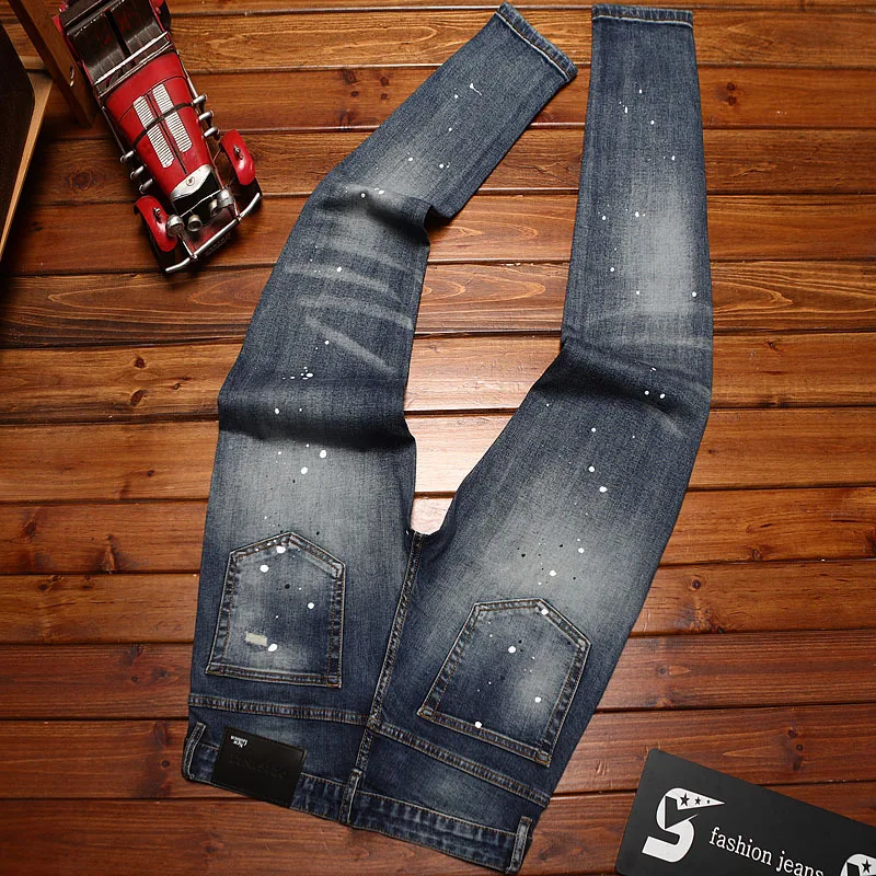 جينز مكسور للرجال، اتجاه كلاسيكي، طراز الشارع القديم، مقاس نحيف، أقدام صغيرة، سروال جينز مرن ثقيل الوزن