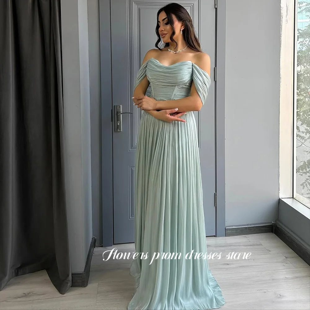 

Flowers A Line Party Dress Off Shoulder Prom Dress Chiffon Evening Dress Pleats Party Dress for Women Customized