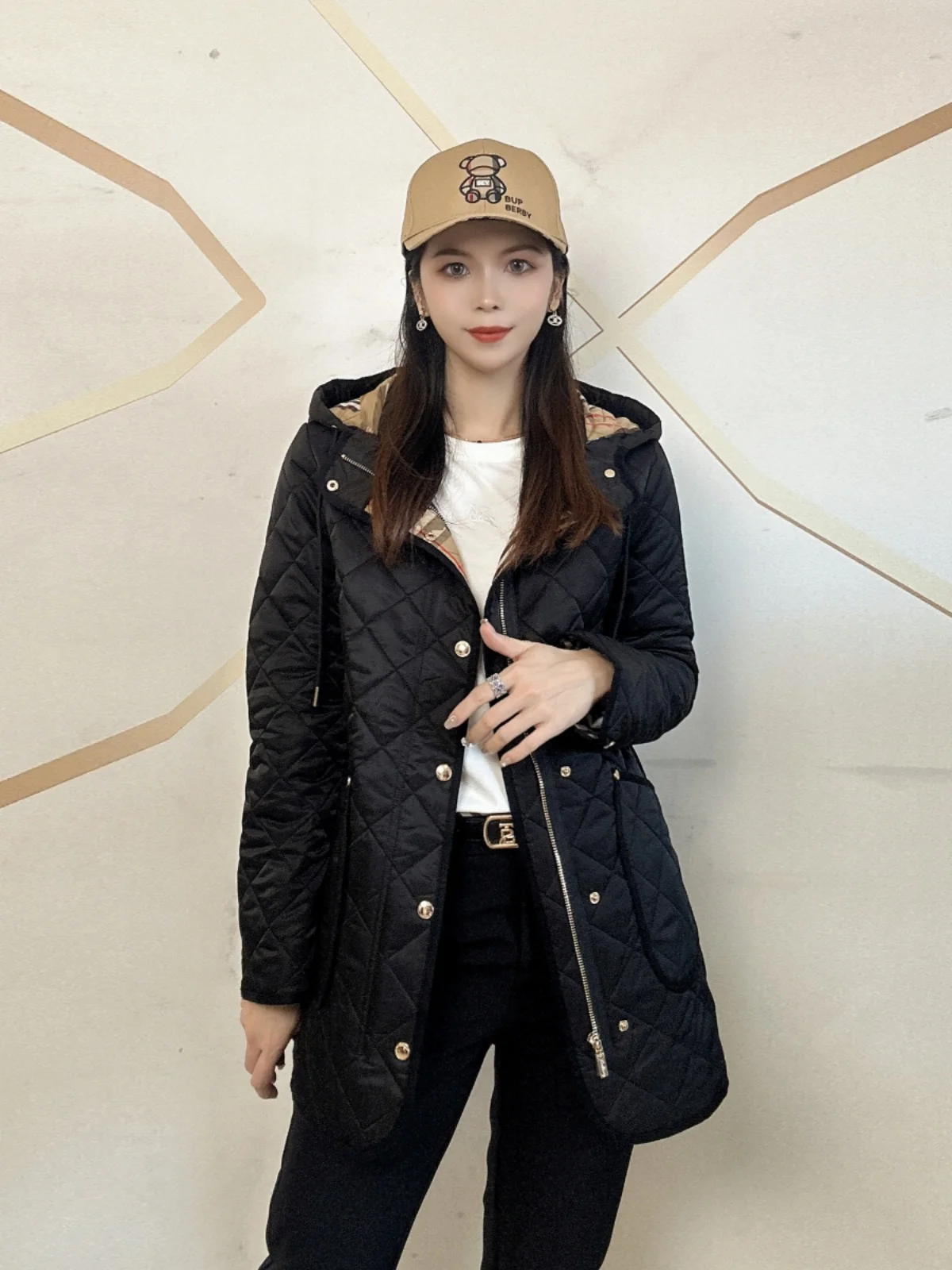 

Winter New Women's Cotton Jaet Rhombus Pattern Casual Versatile Faionable Hooded Mid-Length Warm Long Sve Cotton Coat