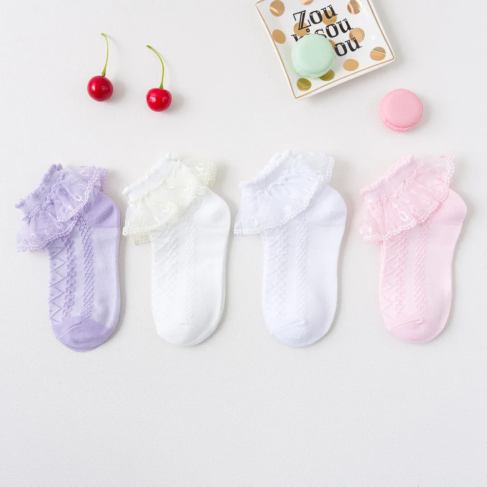 4 Paar Mädchen-Socken mit Spitzenrüschen, atmungsaktiv, bequem, bezaubernd, Prinzessinnen-Stil, für Kinder, Tanzsocken mit Rüschenbesatz – Detail 5
