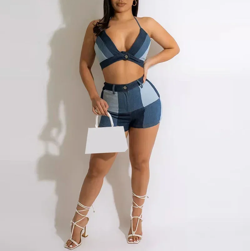 

GUWU Active Denim Women's Set Halter Neck Crop Top and Shorts Set Jean Sweatsuit Tracksuit Two Piece Set Fitness Outfit