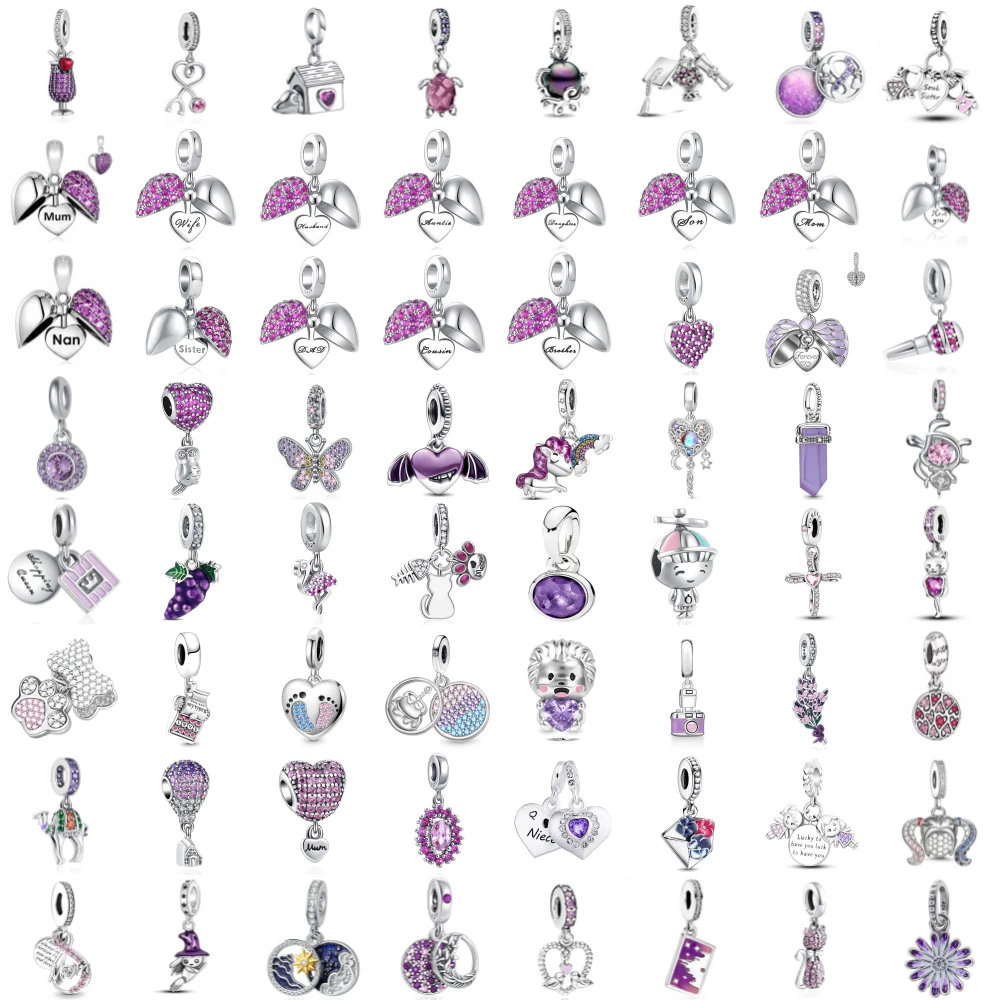 New 925 Silvering Purple Series Open Heart Sister Mom Daughter Beads Fit Original Pandora Charms Bracelet Women DIY Jewelry