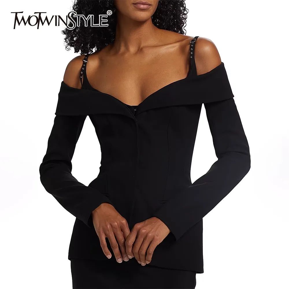 

TWOTWINSTYLE черная куртка со складками, женская куртка с разрезом на шее и длинными рукавами, утягивающие французские элегантные женские куртки, осенняя мода, новинка