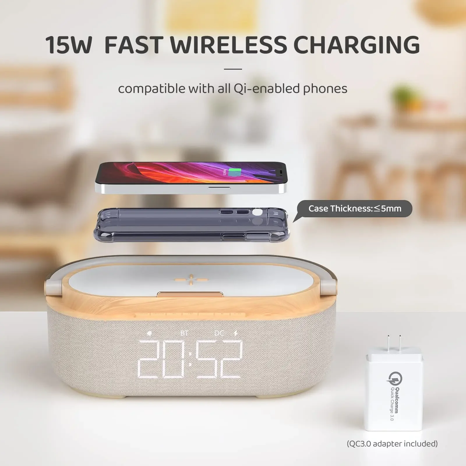 2024 Newest Wooden Bluetooth Speaker with Digital Alarm Clock Wireless Charger FM Clock Radio Adjustable LED Night Light Home