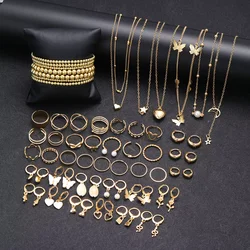 65Pcs Vintage Boho Gold Color Jewelry Set For Women Fashion Butterfly Star Heart Pearl Zircon Earring Ring Necklace Bracelet Set