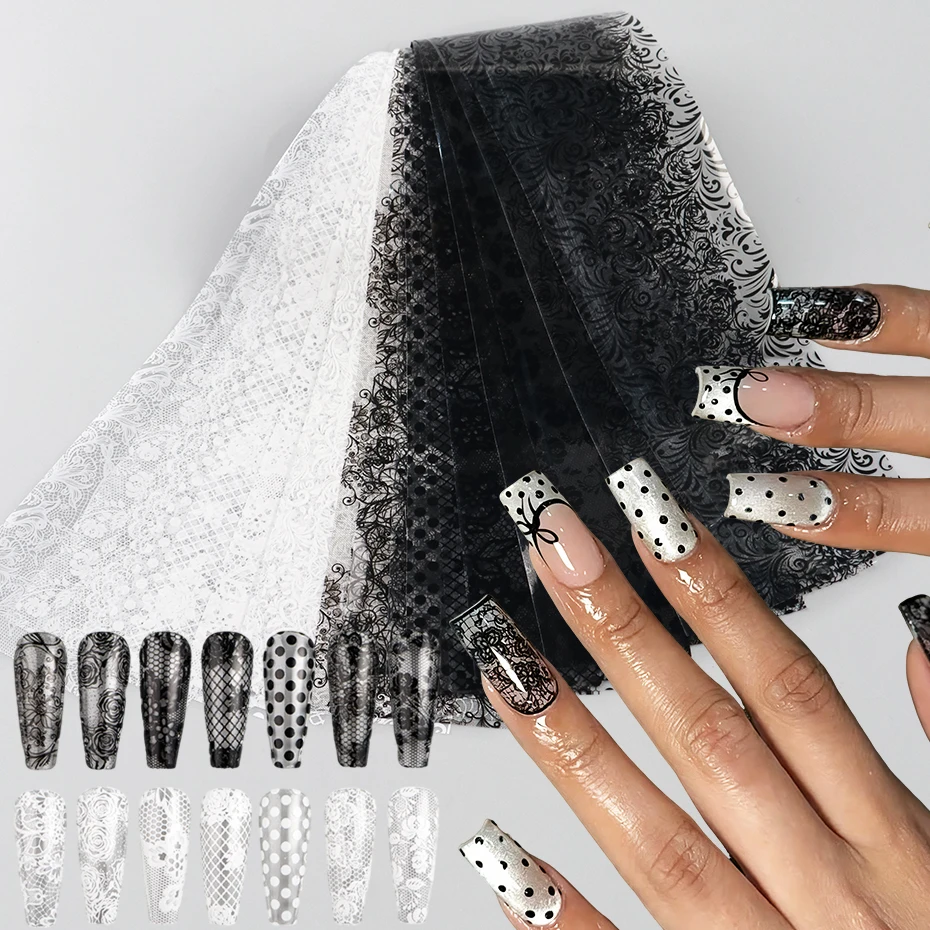 20 Stück Schwarz-Weiß Spitzen-Nageltransferfolien Nagelaufkleber Vintage Hohle Blumen Polka Dots Elegante Transferfolien-Aufkleber Deko