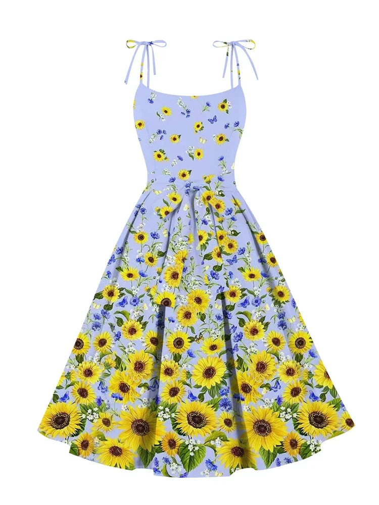 

Elegant 50s Party Floral Print Vintage Dress for Women 2024 Summer Beach Vacation Outfits Spaghetti Strap Retro Sunflower Dress