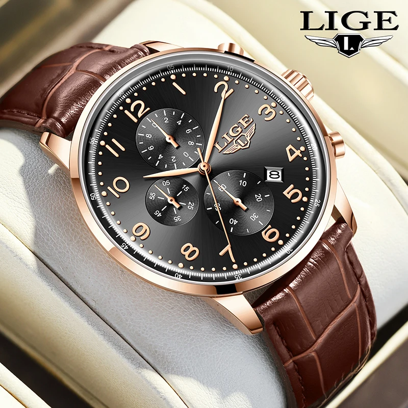 

TOP LIGE Simple luxury Men's watches Business Waterproof Clock quartz mens watch Leather Watches for Men relogios masculino+BOX