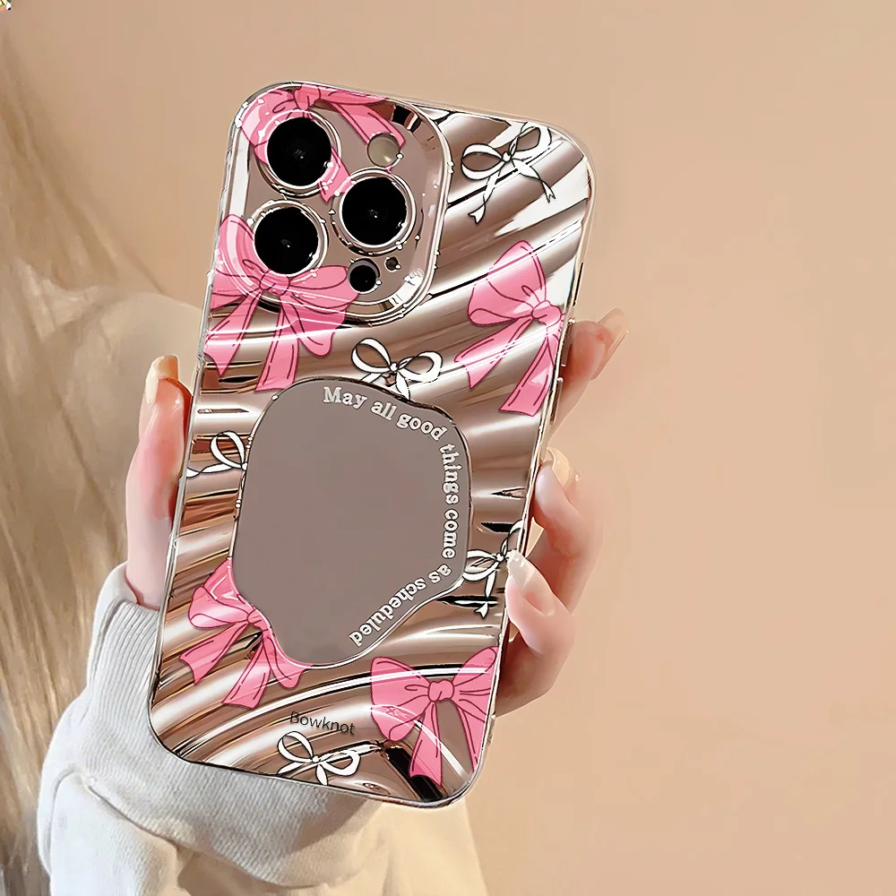 Pink Bowknot Silver Mirror Phone Case For iPhone 17 Pro Case iPhone 13 14 12 11 15 16 Pro Max Wave Glossy Cover With Lanyard