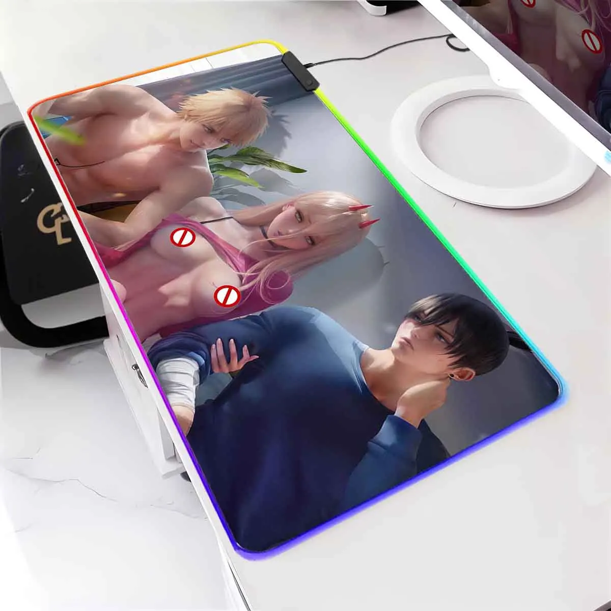 

Anime RGB Backlit Mouse Pad Power Sexy Mouse Mat Chainsaw Man LED Large Mouse Pad Non-Slip Titty Keyboard Mat Desktop Accessory