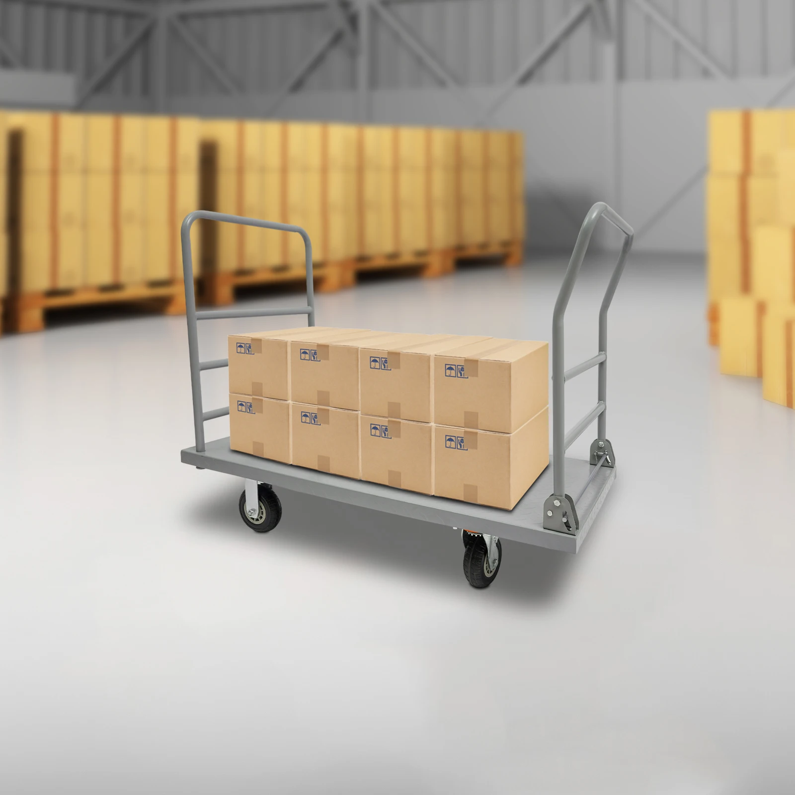 Modern Rectangular Platform Truck Cart, Heavy Duty Platform Truck, Free Standing Heavy Duty Push Cart Silver with Detachable Rear Guardrail Load-bearing Capacity of 2000 lbs With 4 Wheels
