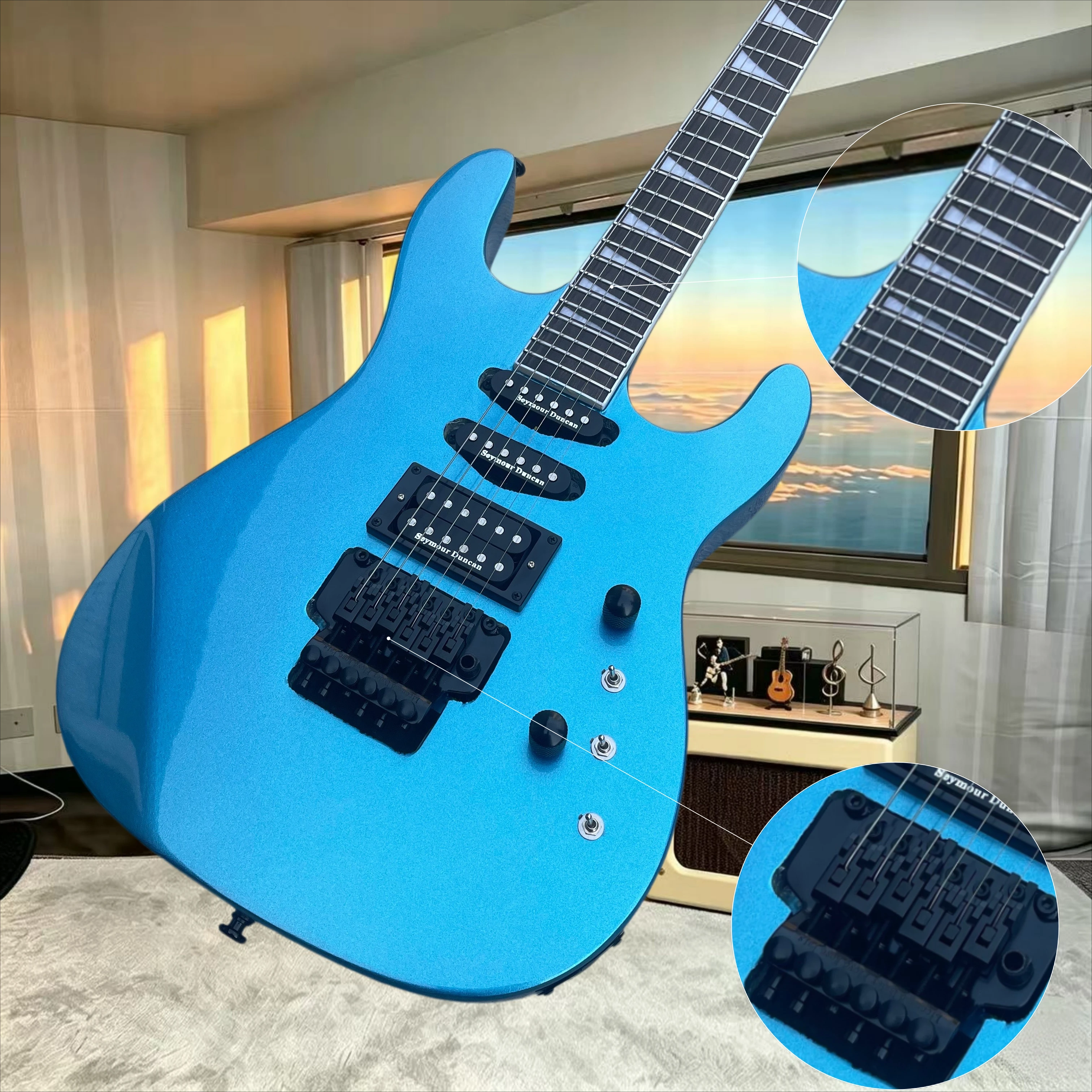 Metallic Blue RGY STY Electric Guitar HSS Pickups Black Double‑Locking Tremolo Shark Fin Fretboard Shred Metal Rock Stage