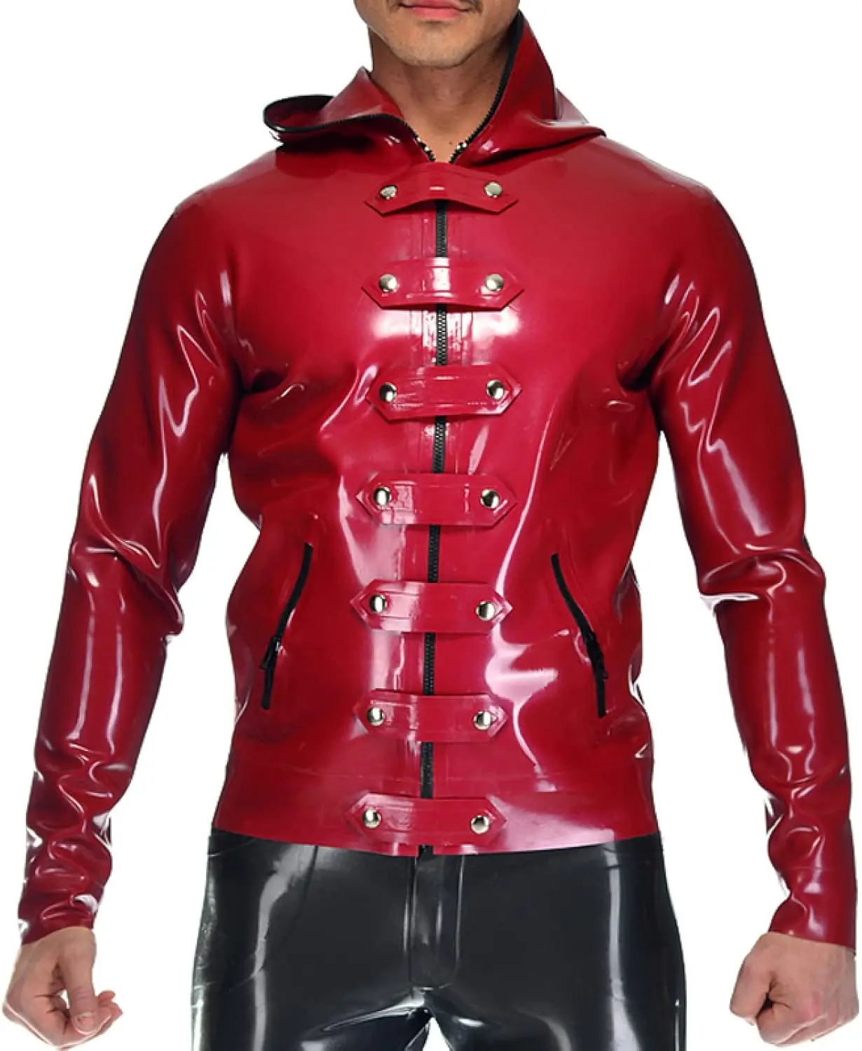 

Latex Jacket with Pocket Zippers Hoodies Belts At Front Rubber Coat Top Clothing