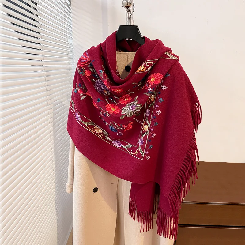 Luxury Winter Embroidery Cashmere Scarf Women New Design Warm Pashmina Blanket Poncho Scarves Female Shawl Thick Foulard Bufanda