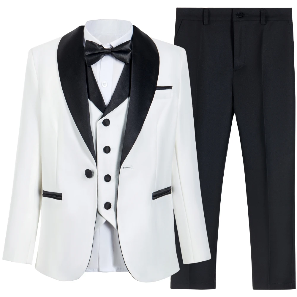 Formal Boys Slim Fit Suit For Piano Performance Contest Classic White 4 Pieces Blazer Vest Pants Bow Tie Wedding Birthday Party