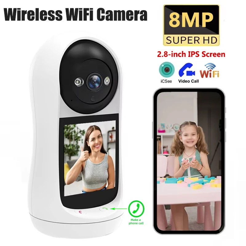 8MP IP Wifi Camera Video Call with 2.8 Inch IPS Screen Baby Cry Sound Detection Security 32-256GB PTZ Camera Baby Monitor iCSee