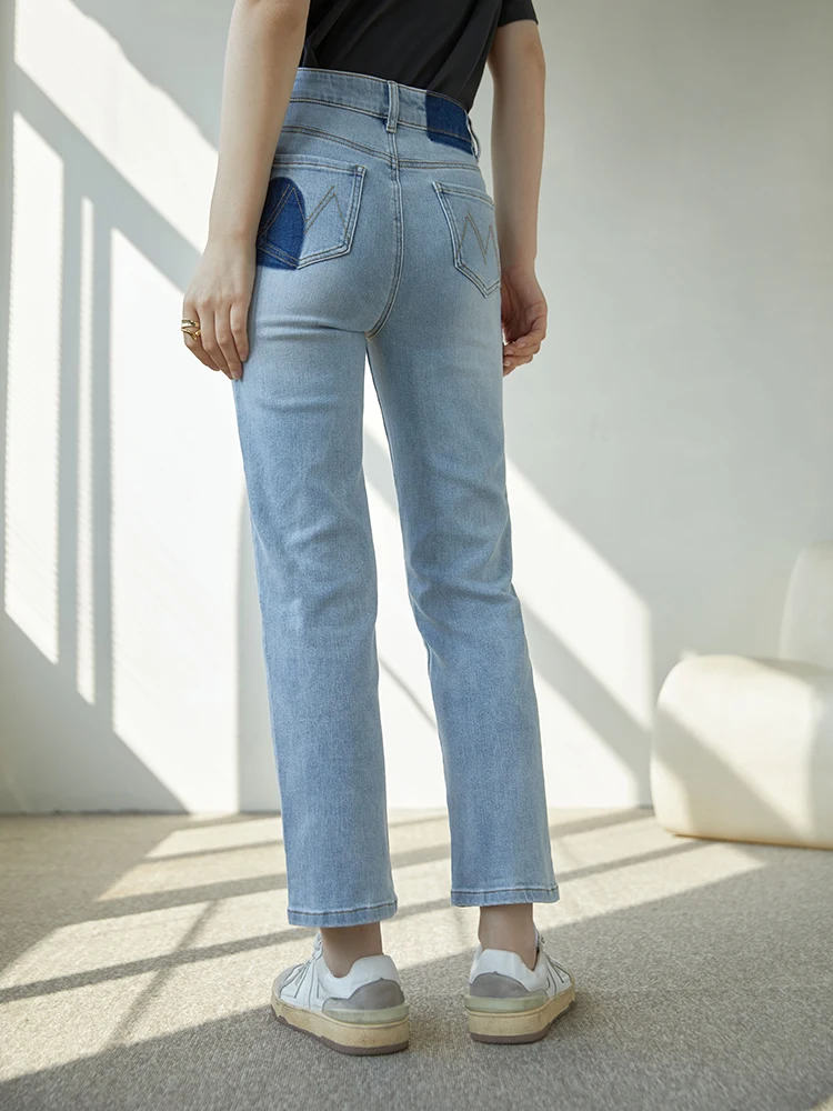 ZIQIAO Japanese Cropped Straight Jean Light Blue Cotton Elastic Denim Pant Office Lady Casual Spring Jeans Ankle-Length