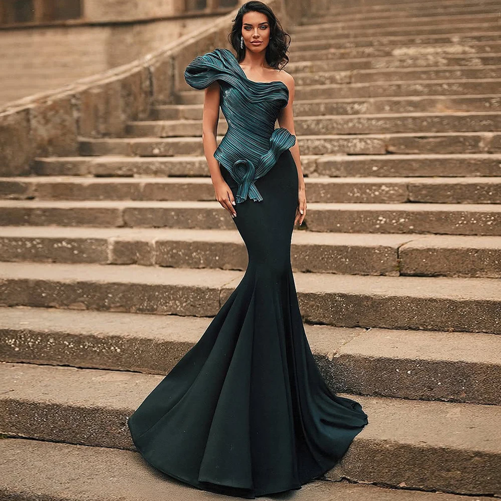 

Exquisite One Shoulder Jersey Evening Dress Sexy Green Mermaid Prom Dresses Simple Sweep Train Customized Special Occasion Gowns