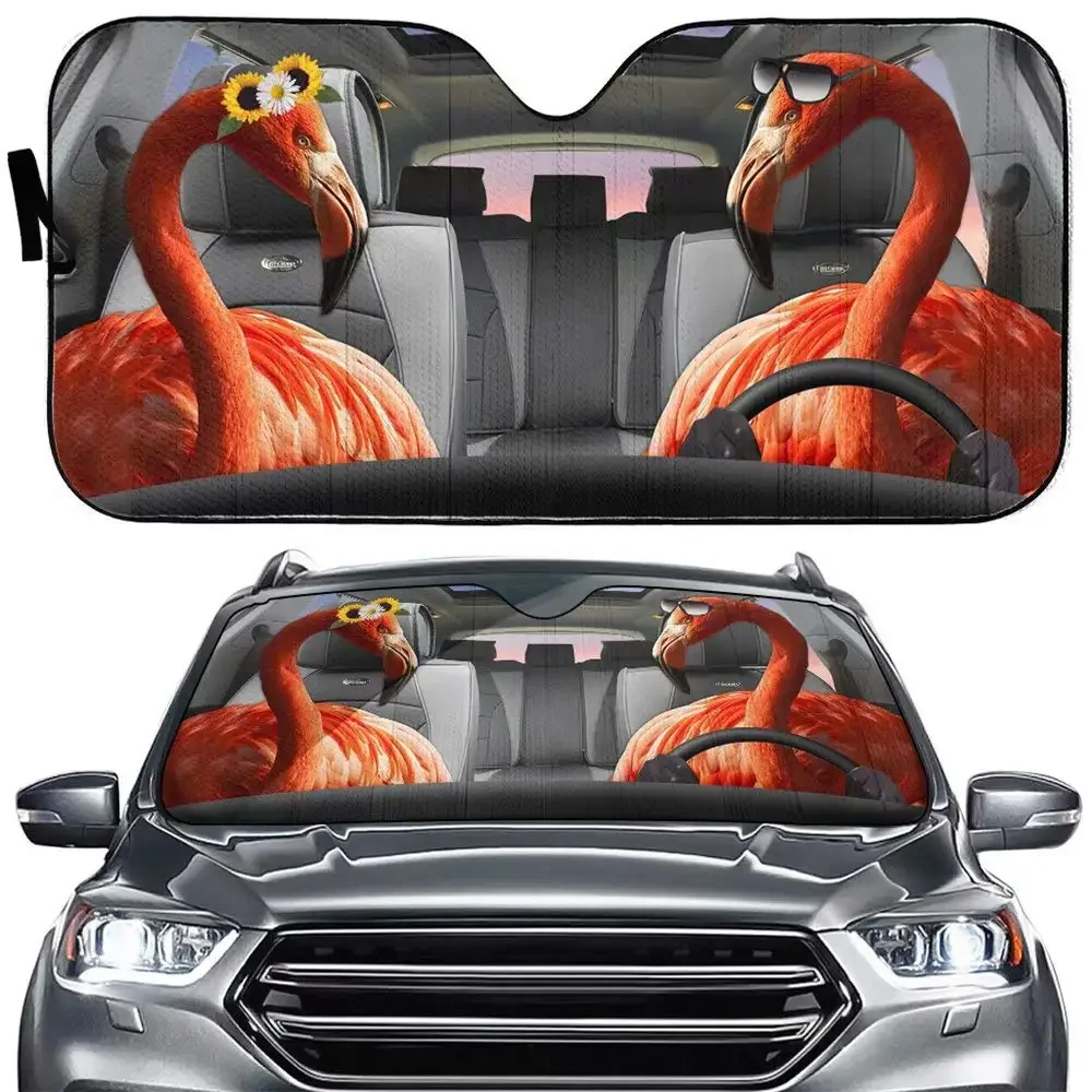 Car Windshield Viisor Pink Flamingo Sun Shade, Dog Family Driver Auto Front Window Sunshade 3D Printed Animal Car Automotive Cov