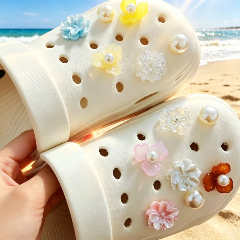 13PCS DIY Hole Shoe Charms Set Sweet Pearl Camellia Rose Flower Designer Quality Garden Shoe Decorations Gift for Girls