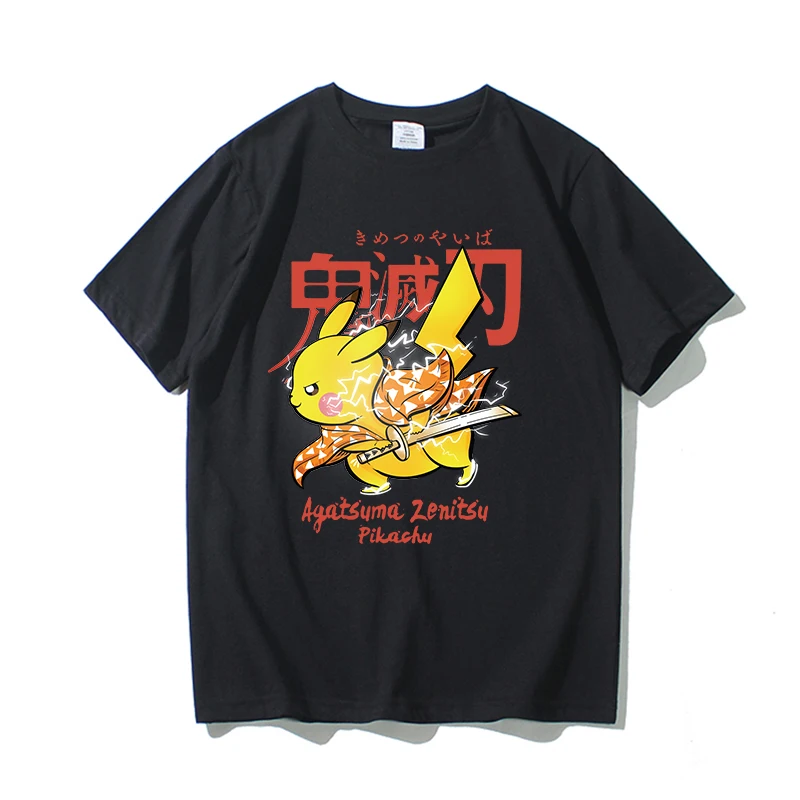 Japanese Anime T-shirt Men's and Women's Demon Slayer Pikachu Graphic Short Sleeve Tops Loose Cotton T-Shirt for Men Clothing