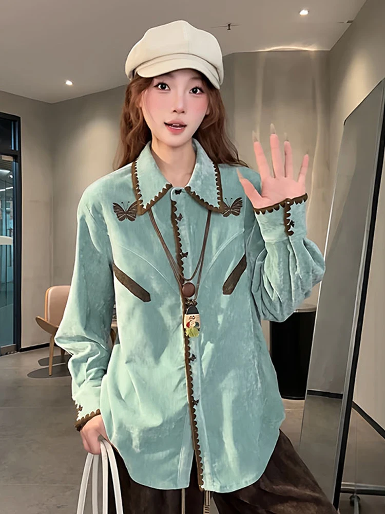 Women's Green Long-sleeve Shirt Embroidered Butterfly Pattern Ruffles Casual Tops Harajuku Autumn Office Lady Commuting Outfit