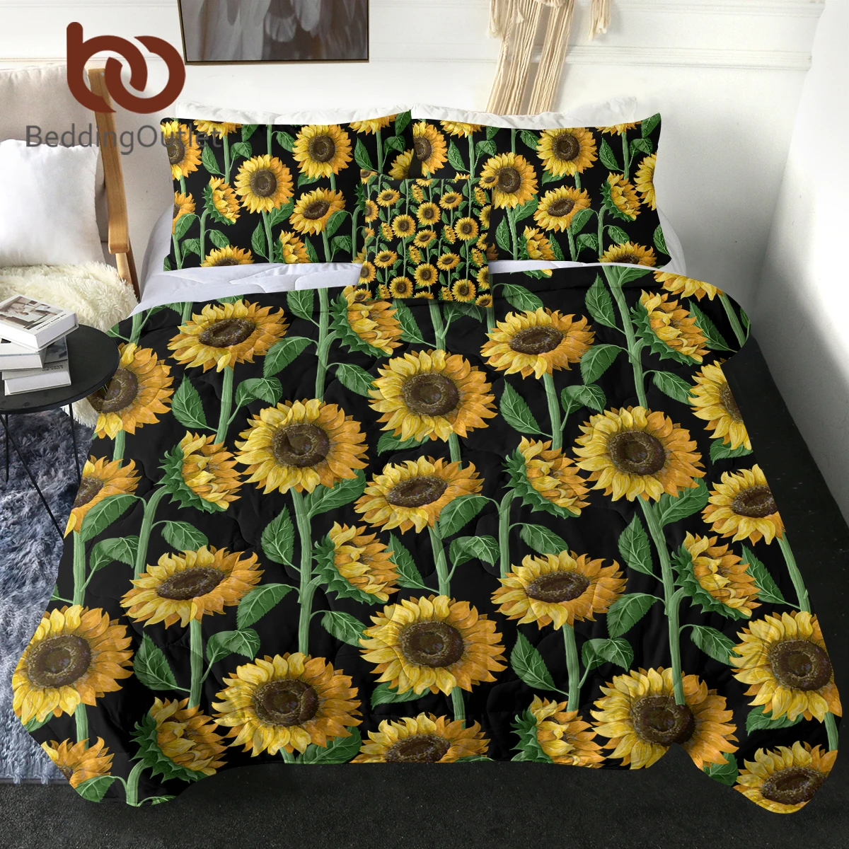 

BeddingOutlet Sunflower Pattern Comforter Black Background Yellow Flower Quilt Bedding Set Girls Women Bedroom Sofa Decor 4PCS