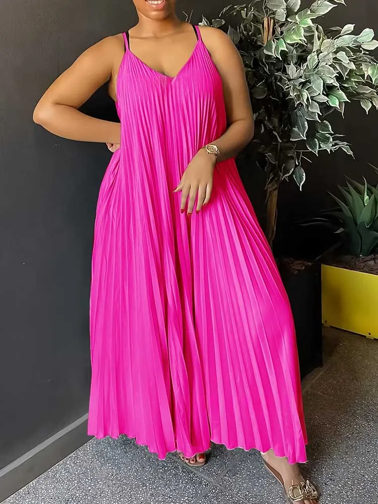 

Summer Women Sleeveless Thin Strap Dress V Neck Elegant and Chic Pleated Dress Around Hem Loose Long Soft Dresses Plus Size
