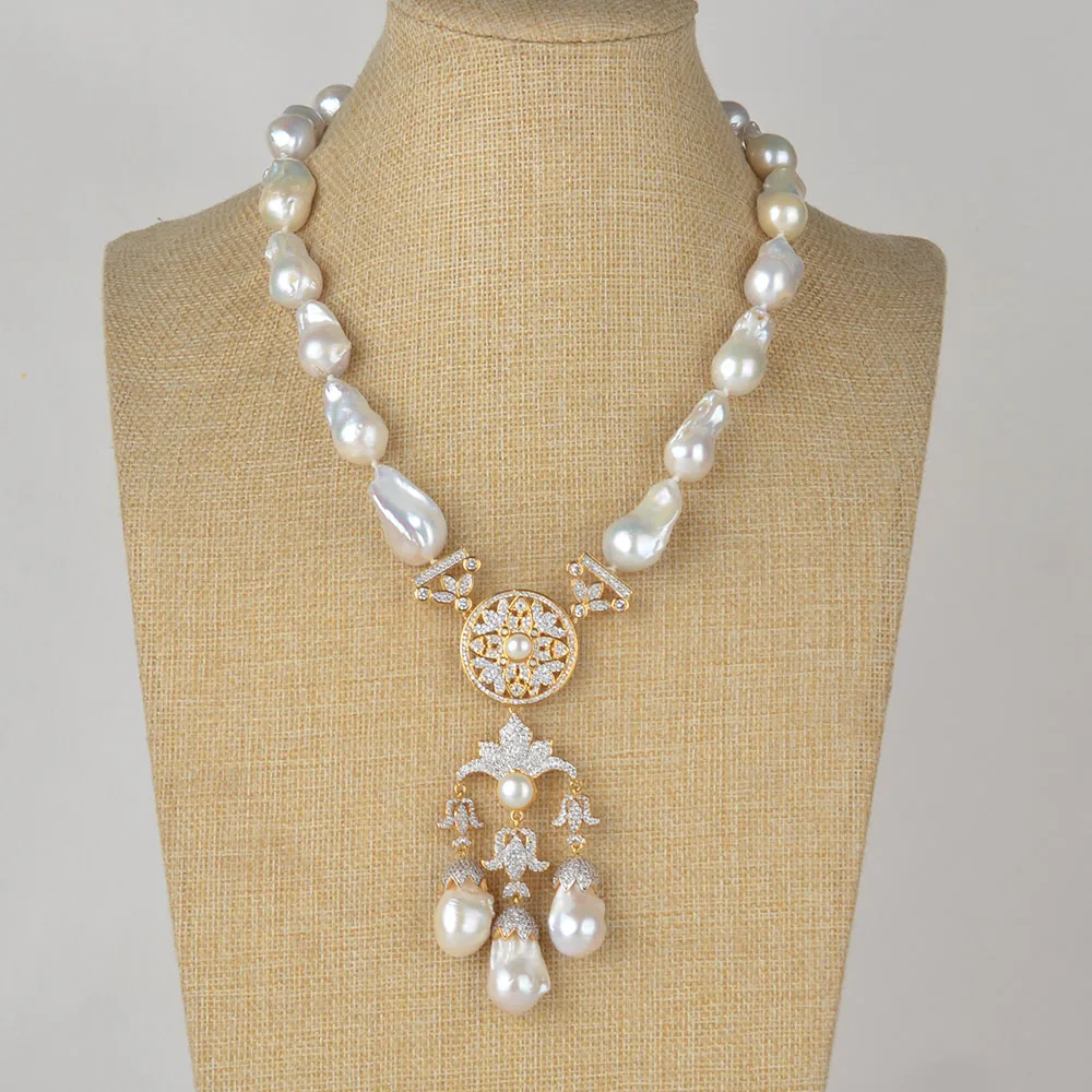 

20" Gold Plated CZ White Keshi Pearl Necklace Earrings Sets