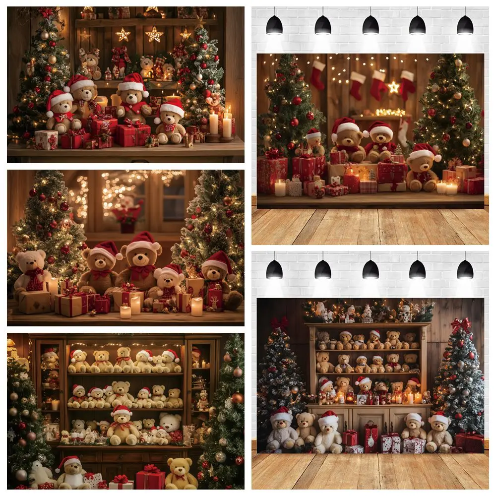 Christmas Tree Toy Bears Wood House Backdrop Gift Box Toy Cabinet Xmas Tree Christmas Eve Room Wall Decor Photography background