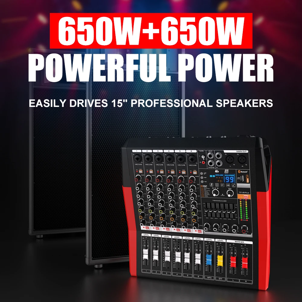 NXG 6 Channel Powered Audio Mixer 650W + 650W Amplifier Mixing Console with 99 DSP Bluetooth USB for Stage Performance & Karaoke view 2