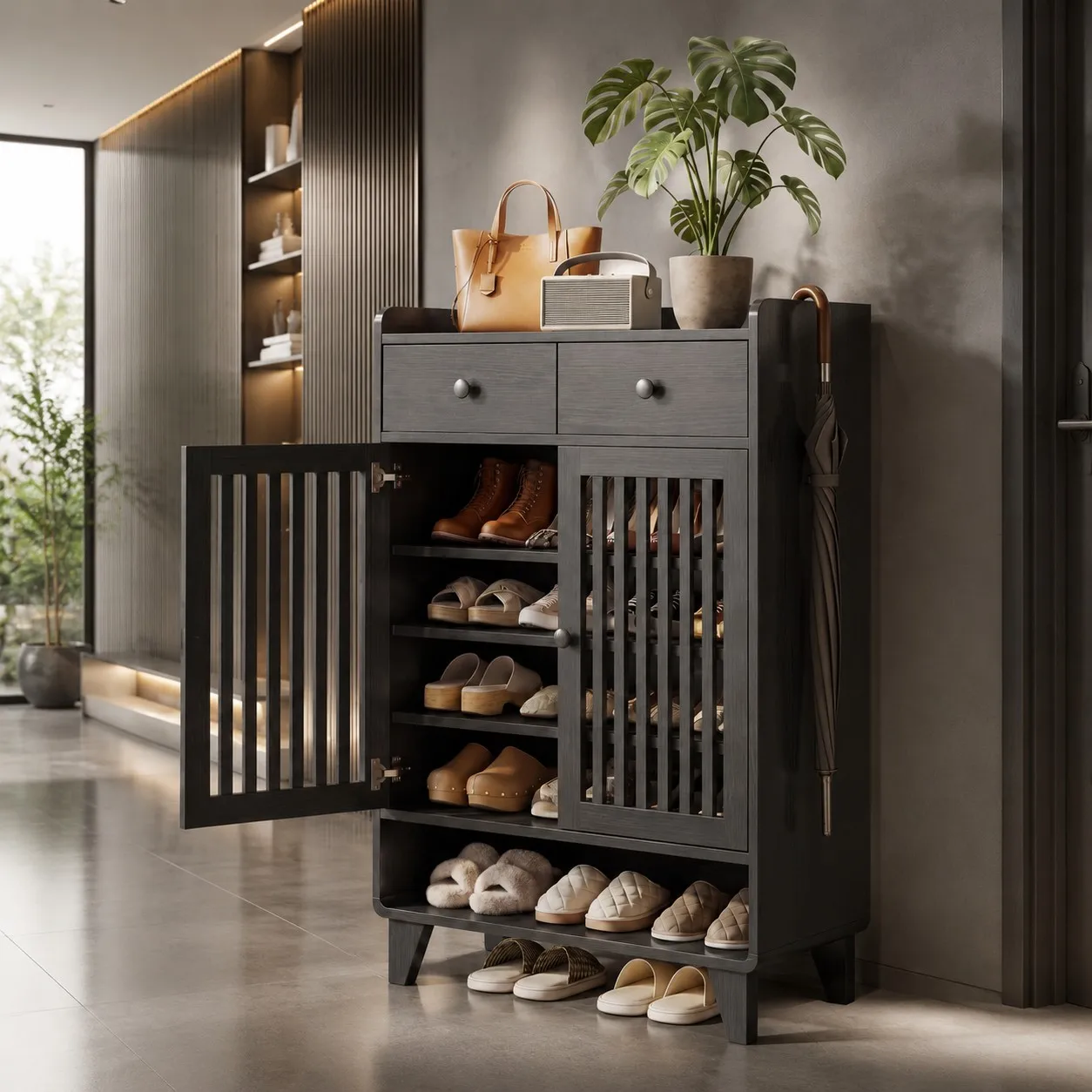 Shoe Storage Cabinet for Entryway, 6-Tier Wooden Enclosed Shoe Dresser with Slatted Doors, Adjustable Shelves and 2
